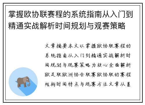 掌握欧协联赛程的系统指南从入门到精通实战解析时间规划与观赛策略