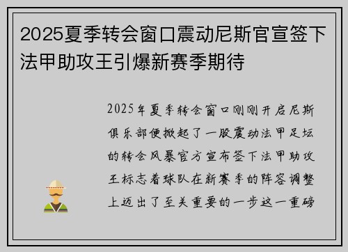 2025夏季转会窗口震动尼斯官宣签下法甲助攻王引爆新赛季期待