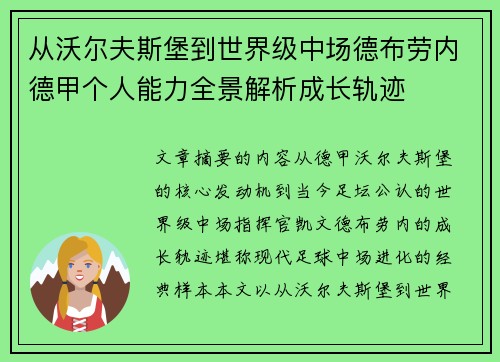 从沃尔夫斯堡到世界级中场德布劳内德甲个人能力全景解析成长轨迹 从沃尔夫斯堡到世界级中场德布劳内德甲个人能力全景解析成长轨迹